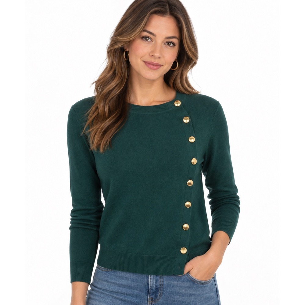 Ann Taylor Green Long Sleeve Asymmetric Gold Button Crew Neck Sweater S NWT